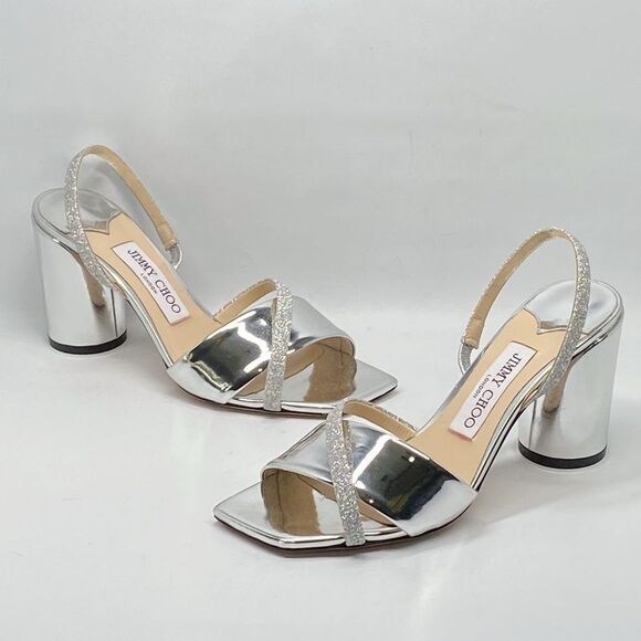 Jimmy Choo Plum Metallic Leather & Glitter Slingback Sandals size 36.5 - Picture 6 of 12